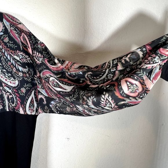 Chicos Paisley Black Mix Media Blouse Longsleeve Medium Sheer Balloon Sleeves - Picture 6 of 8